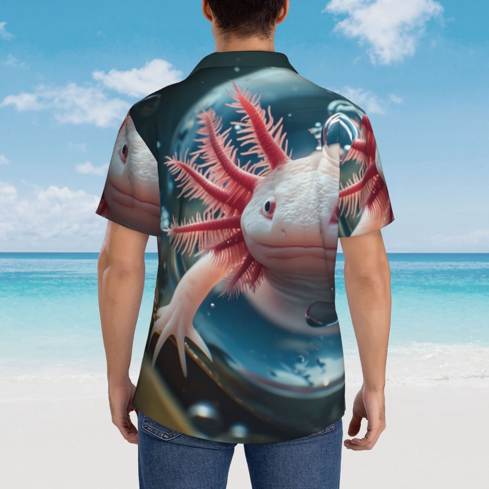Logiee Bubbles Axolotl Fantasy Print Mens Hawaiian Shirts,Loose-Fit Short Sleeve Button Down Tropical Aloha Beach Shirt,Summer Vacation Wedding Tops,XX-Large