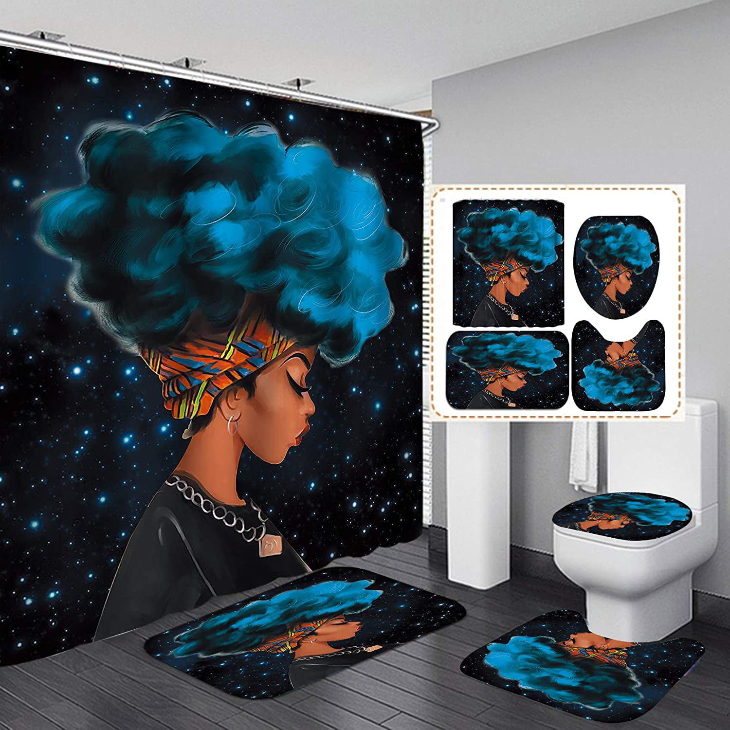 Bathroom 4Pcs Set Waterproof Shower Curtain Rugs Toilet Cover African Animate 