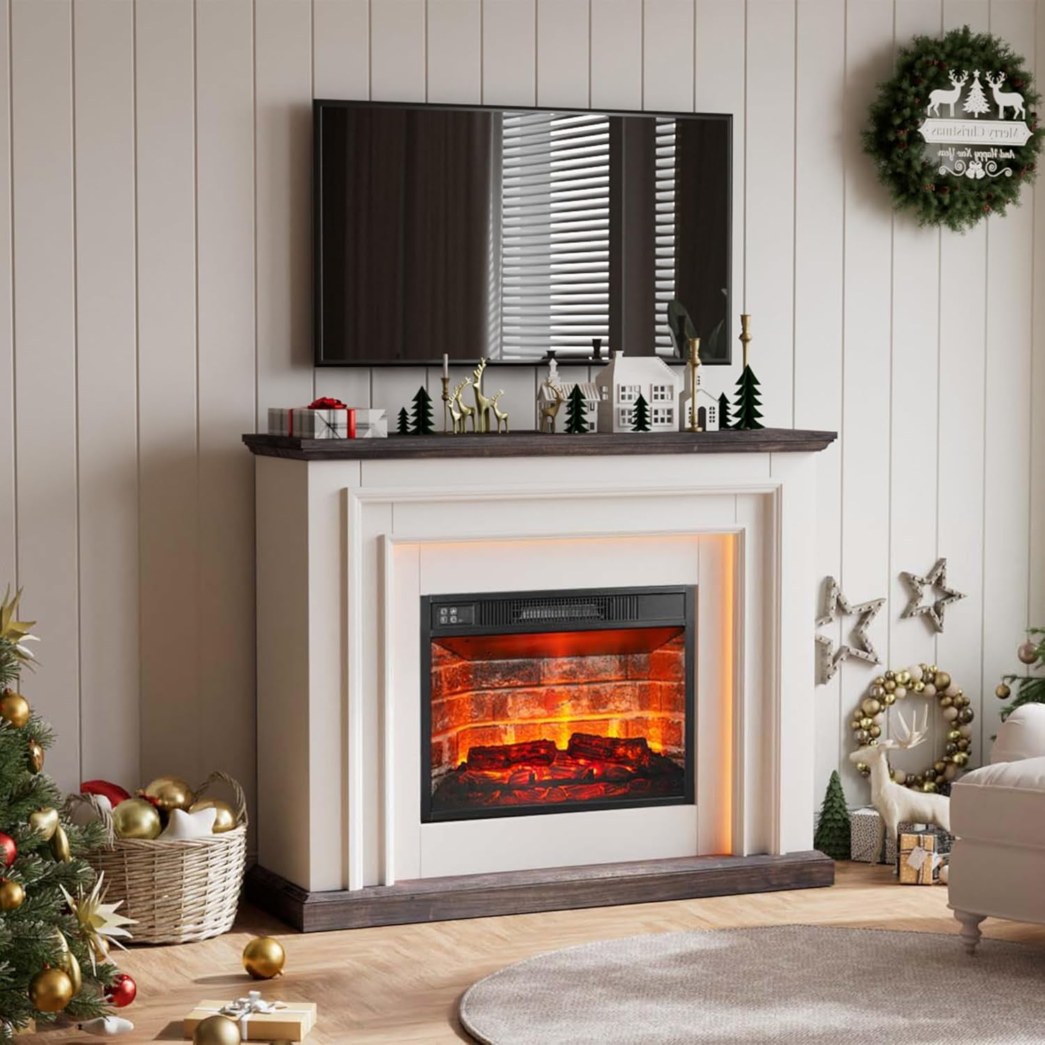 BOSHIRO 44-Inch Freestanding Electric Fireplace Heater with Mantel, Realistic LED Flame, Remote & Touch Control, 1400W, White & Brown