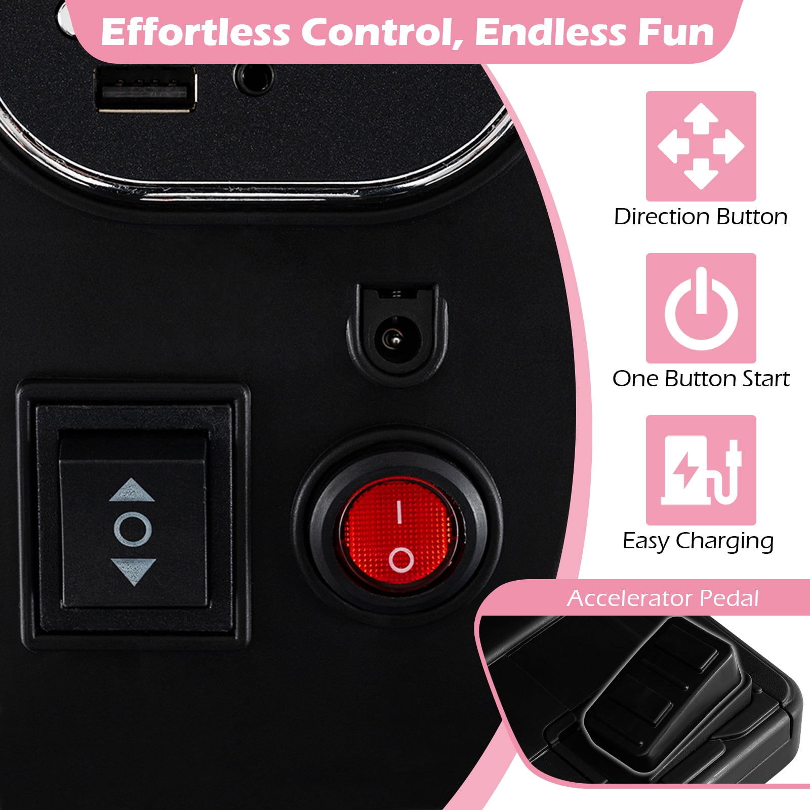 Costway 6V Kids Motorcycle with Song,Story,LED Headlights,Accelerator Pedal & 3 Wheels, Pink & Black