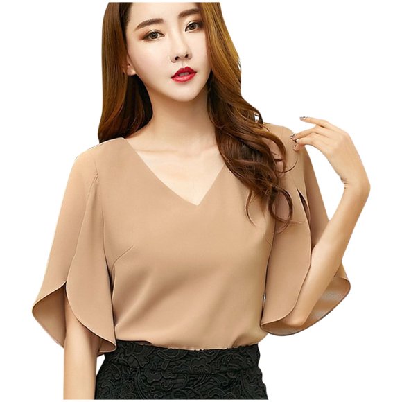 Babysbule Clearance Women's Tops Chiffon Women Half Sleeve Butterfly Sleeve Blouse Solid V-Neck Casual Tops
