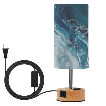 Touch Control Table Lamp with Wood Grain Metal Base 3 Color Temperature Adjustable LED Eye Caring Desk Lamp for Bedroom Study Beautiful Blue Wave