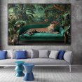 thumbnail image 2 of Mudket Framed Leopard on Green Velvet Sofa Canvas Wall Art, Jungle Leopard Print Living Room Decor, Wild Animal Wall Art Ready to Hang - 12"L x 8"W, 2 of 10