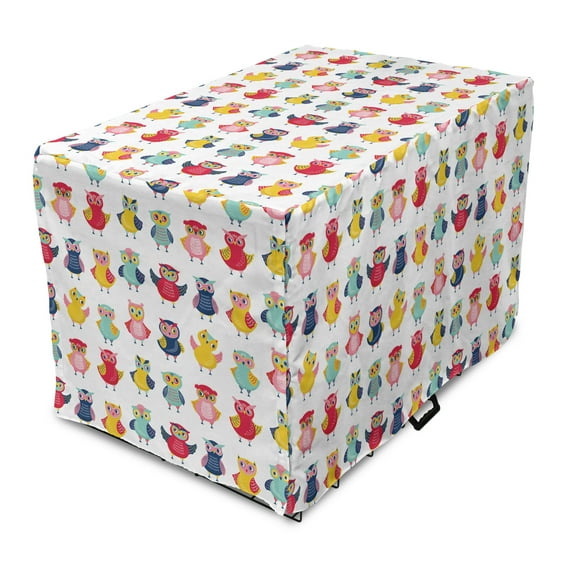 Owl Dog Crate Cover, Ornamental Nocturnal Birds of the Forest Wings Pastel Funny Character, Easy to Use Pet Kennel Cover Small Dogs Puppies Kittens, 7 Sizes, Multicolor, by Ambesonne
