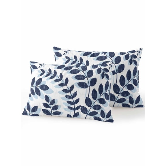Outdoor Pillows Waterproof, Navy Blue Leaves Bedding Throw Pillows with Insert for Couch Sofa Bed, Summer Farmhouse Botanical Boho Branch 12x20 Inch Pillowcases Decorative Patio Pillow Set of 2