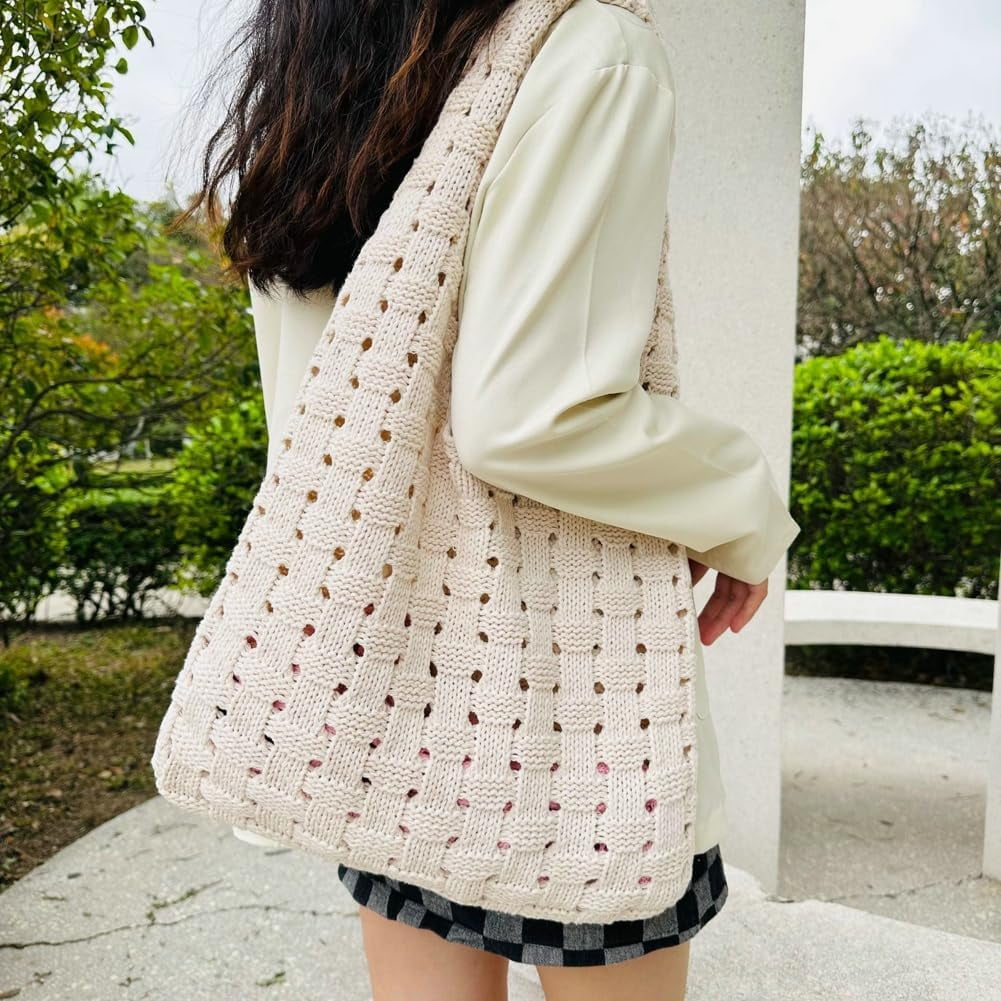 Kukuzhu Crochet Beach Tote Bag for Women Knit Shoulder Bag Aesthetic Knit Bag Woven Hobo Bag Hollow Summer Bag