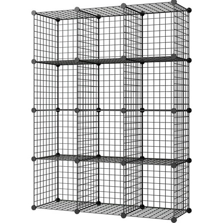 KOUSI DIY Wire Cube Storage, Modular Metal Shelf, Cubby Shelving, Stackable Grid Organizer, 12 Cube, Black