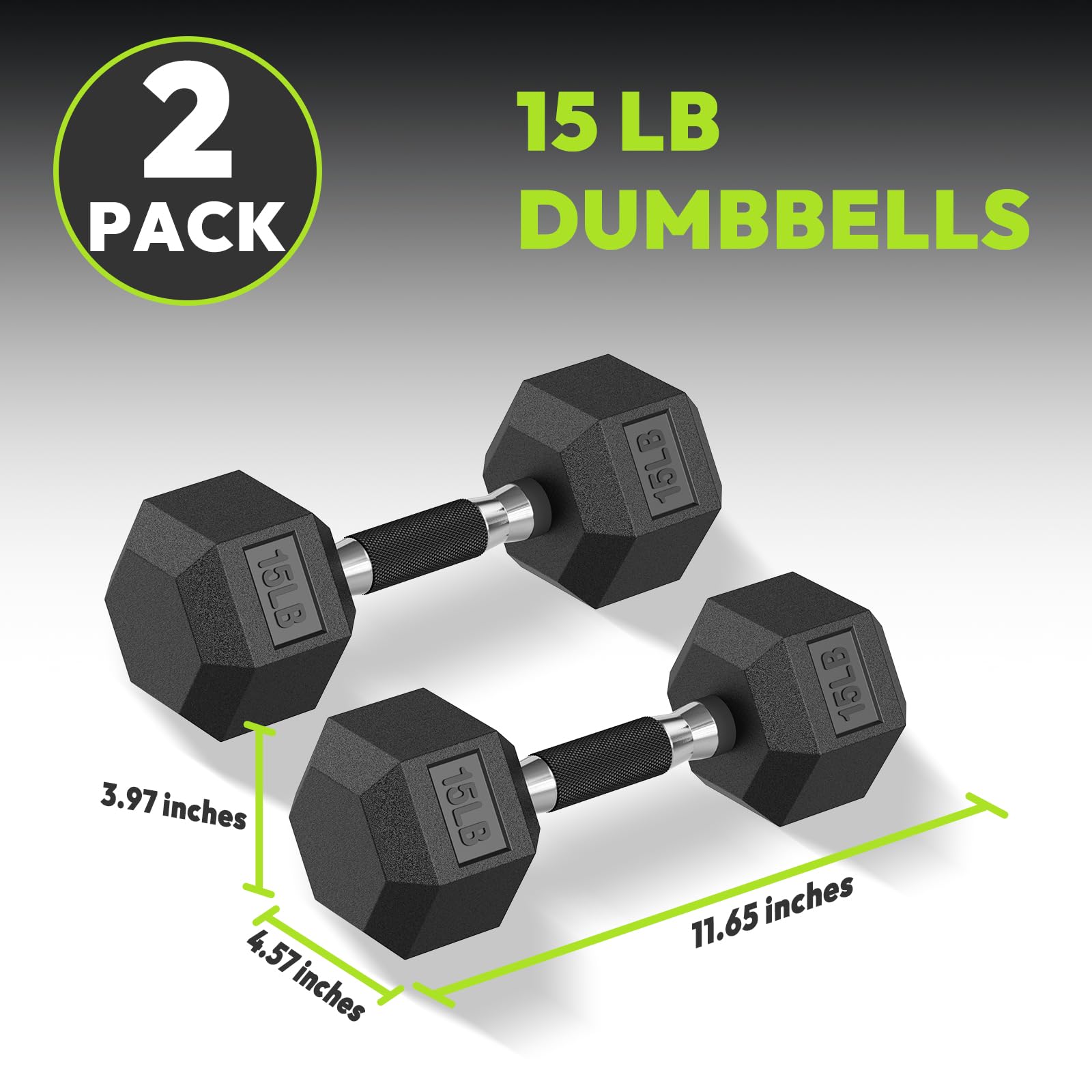HANDBODE Hex Rubber Dumbbells, Non-Slip Handle Design for Secure & Comfortable Grip, Hand Weights for Strength Training and Home Gym / Pair of 15 LB