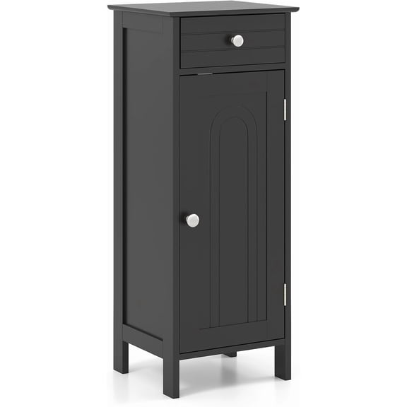 Bathroom Floor Cabinet, Free-Standing Single Door Storage Cabinet with Drawer & 2 Adjustable Shelves, Wooden 14”L Narrow Side Storage Organizer for Small Spaces, Living Room, Kitchen (Black)