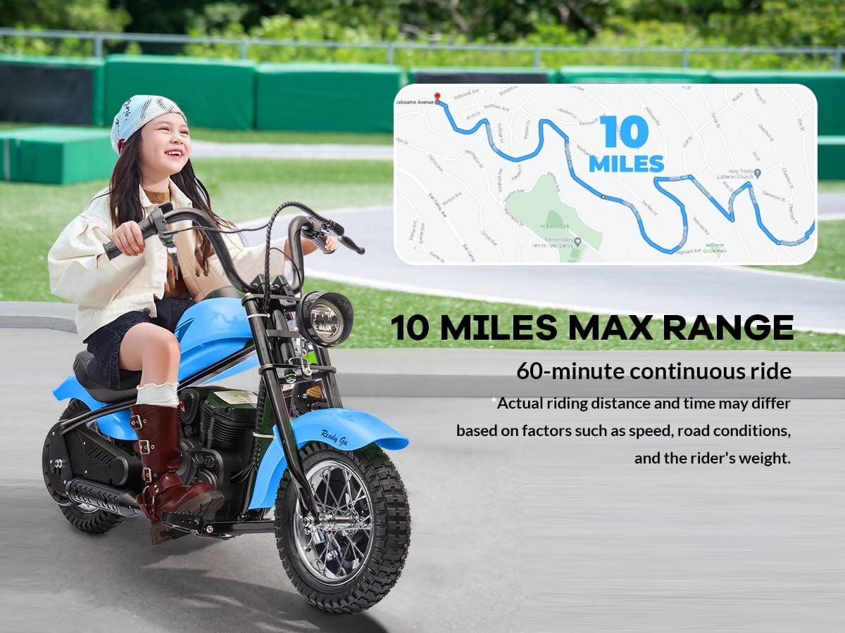 Hetoy Electric Dirt Bike, 15 Mph & 150lb Max, 24V Ride On Toy for Big Kids w/Led Lights & Power Display, 300W Chain-Driven Motor, Two Speed, Handbrake, Leather Seat, 12" Air-Filled Tires, Blue