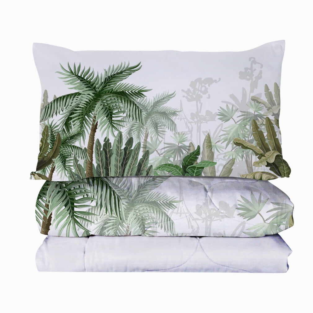 Tropical Duvet Cover Set, Coconut Palm Tree Nature Paradise Plants Foliage Leaves Digital Illustration, Decorative 3 Piece Bedding Set with 2 Pillow Shams, Queen Size, Green