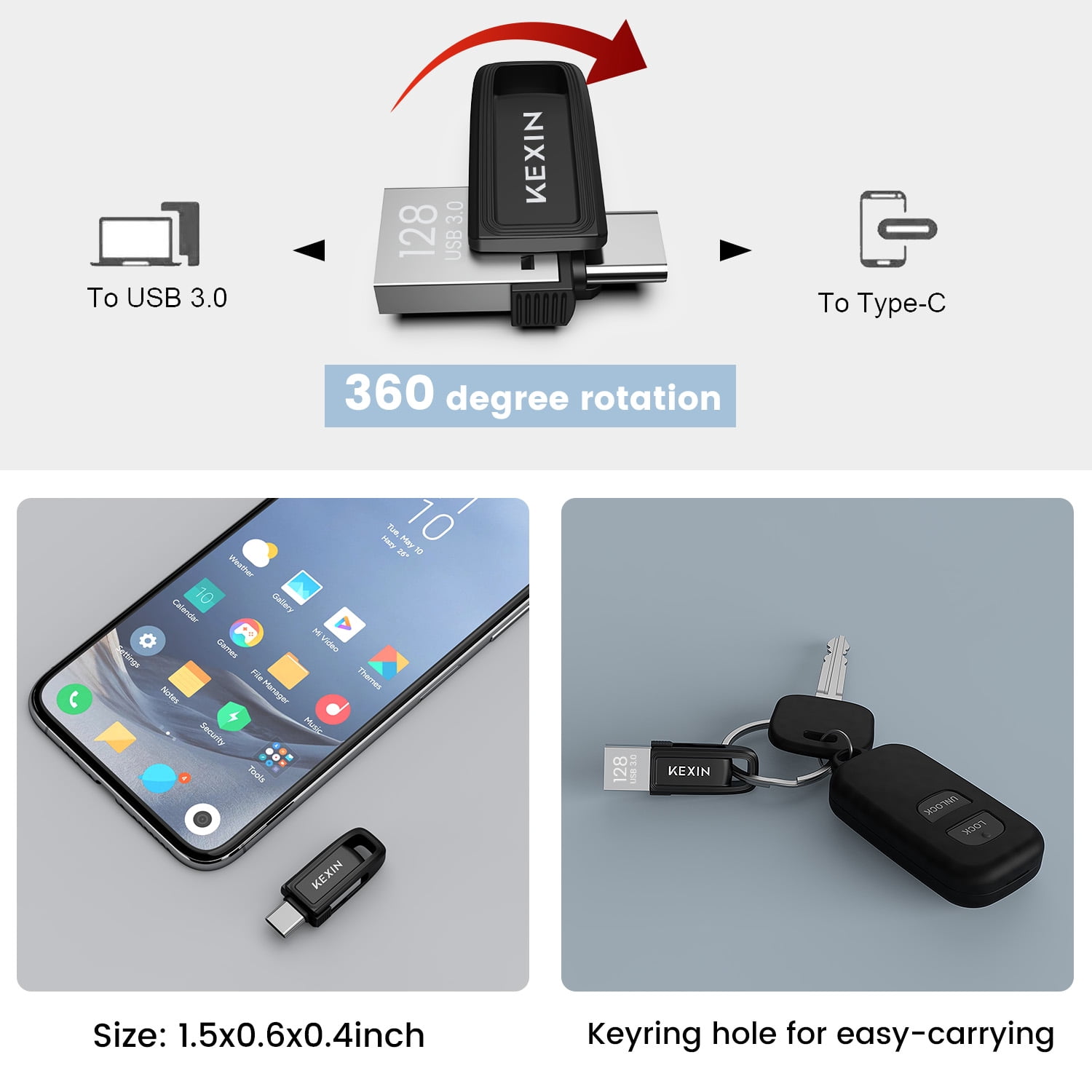 KEXIN 128GB USB C Flash Drive 100MB/s,Swivel Dual Thumb Drive for Smartphone Tablet Phone 15/16 Car Game Console,Black