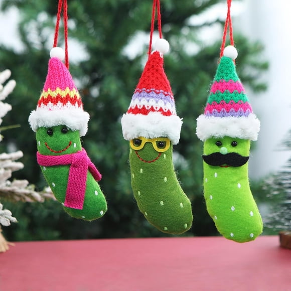 3 Pack Plush Pickle Ornaments - Christmas Pickle in Santa Hat, Green, German Decorations (3)