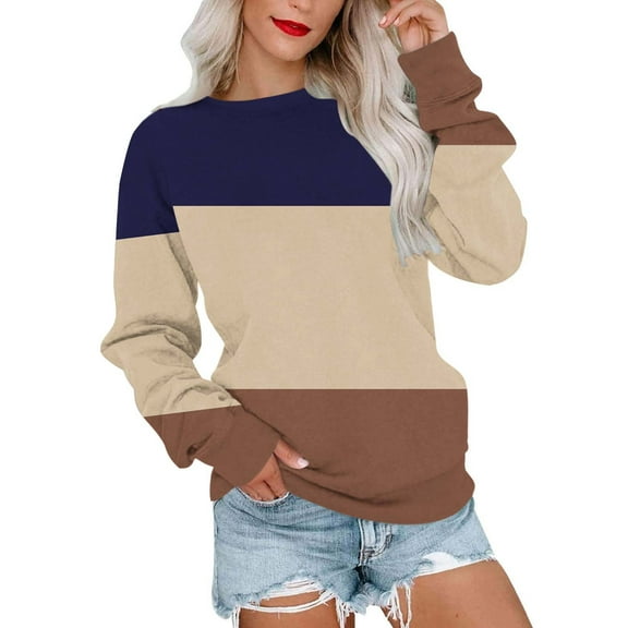 Pullover for Women Color Block Long Sleeve Crewneck Loose Sweatshirt Laides Fashion Jogger Workout Tops (XL, Khaki)