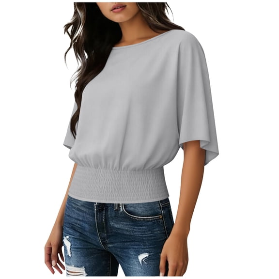 Summer Tops for Women Smocked Cuff Short Sleeve Blouse Crew Neck Loose Casual Shirts Dressy Business Elegant Top Smocked Waist Loose Pullover Tunic Going Out Tee