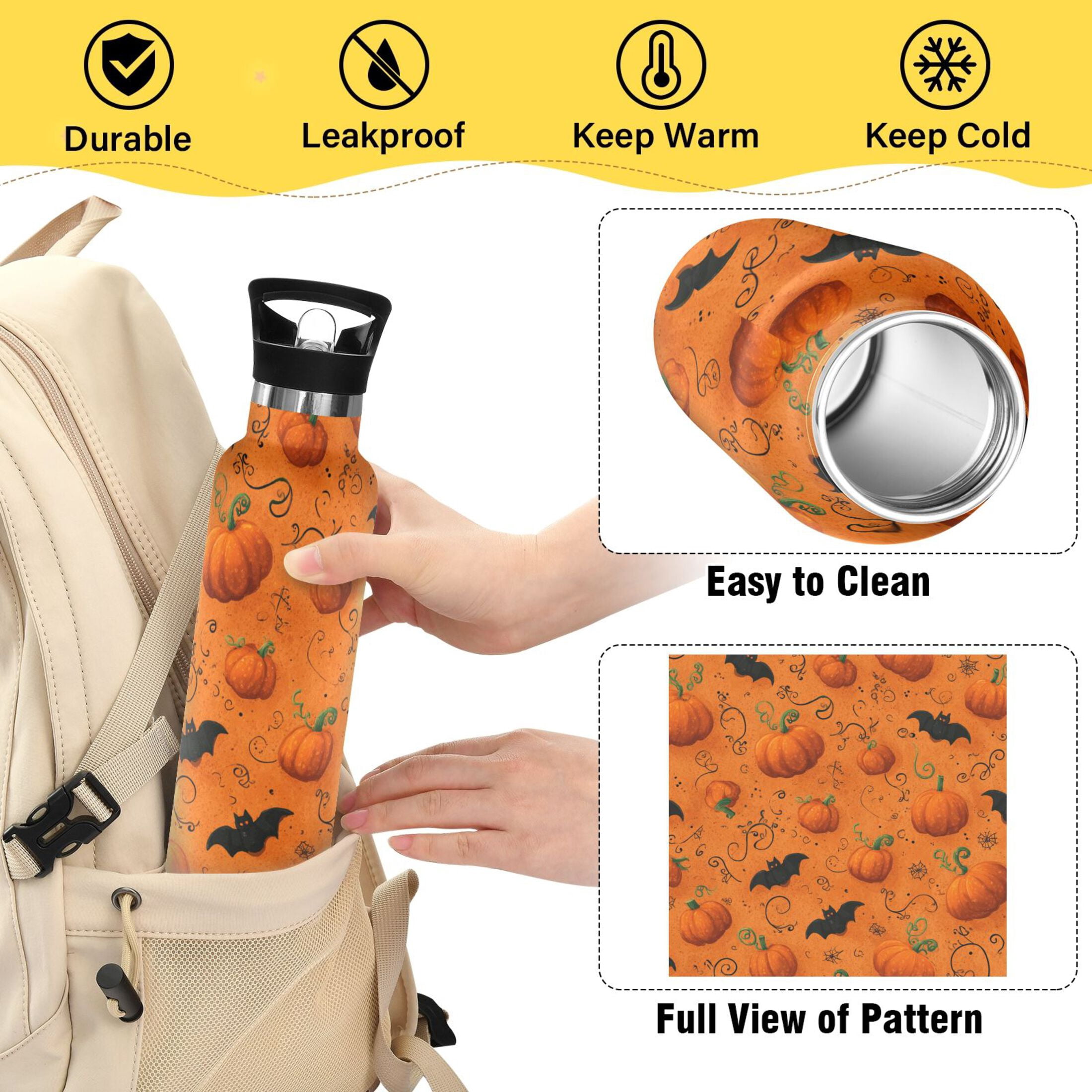 Kids Insulated Stainless Steel Sports Water Bottle 600ml (20oz) Orange Pumpkins and Bats