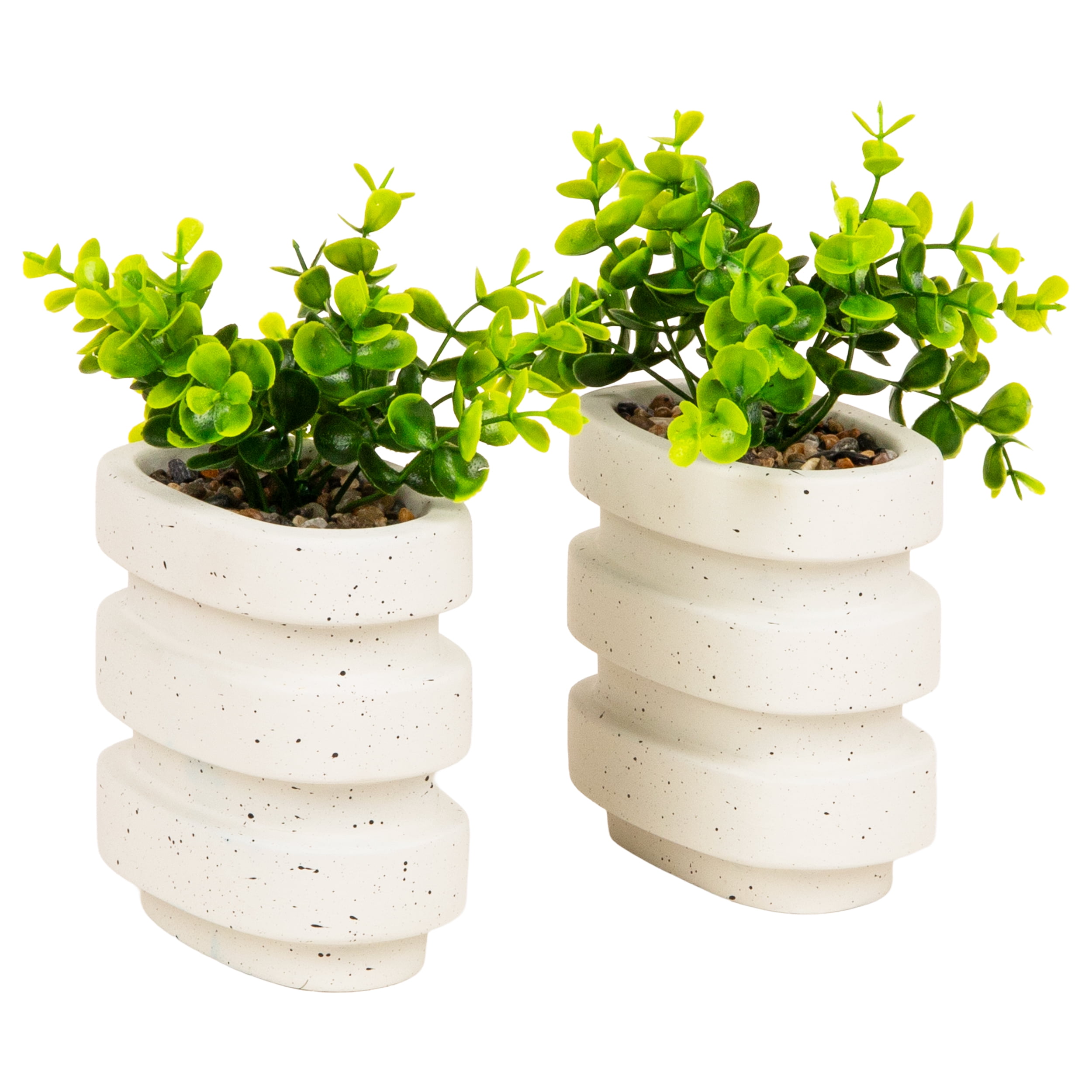 Mind Reader Ribbed Cement Planter Bookends, Faux Greenery for Shelves and Desk Decor, Set of 2, White