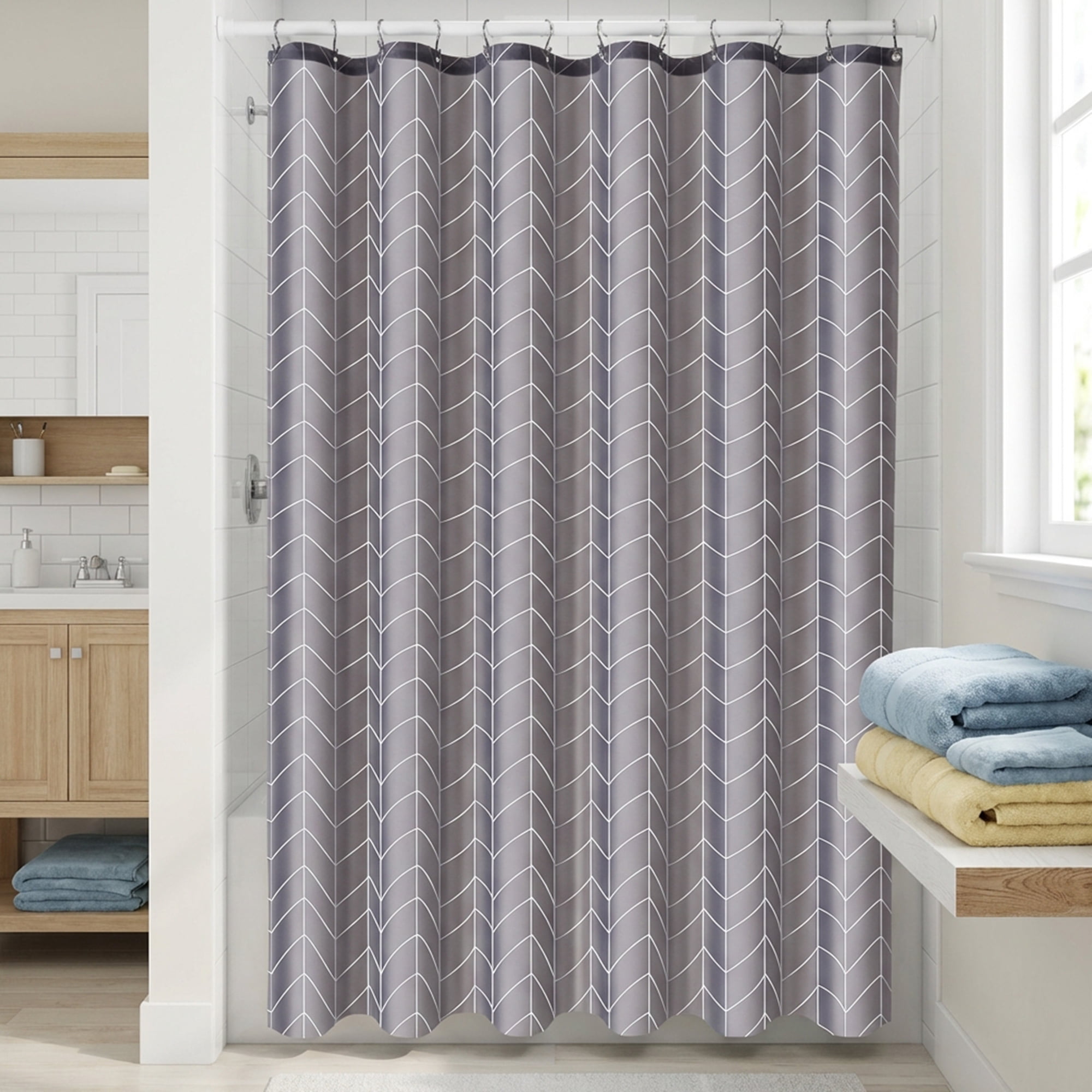 Unique Bargains Waterproof V-Stripe Shower Curtain Sets with 12 Hooks Grey 71"W x 71"L