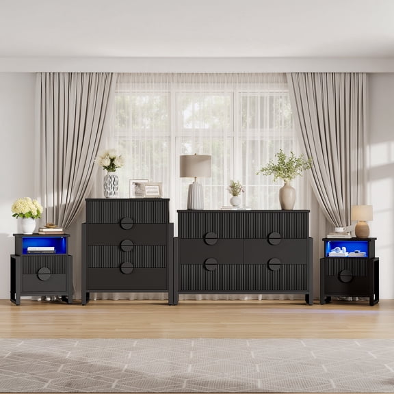 Holliwill 4 Piece Dresser Nightstand Set, Modern Bedroom Furniture Set, Wide 6 Drawer Dresser, 4 Drawer Dresser & 2 Drawer Nightstands with Outlets LED Lights, Chest of Drawers for Bedroom, Black