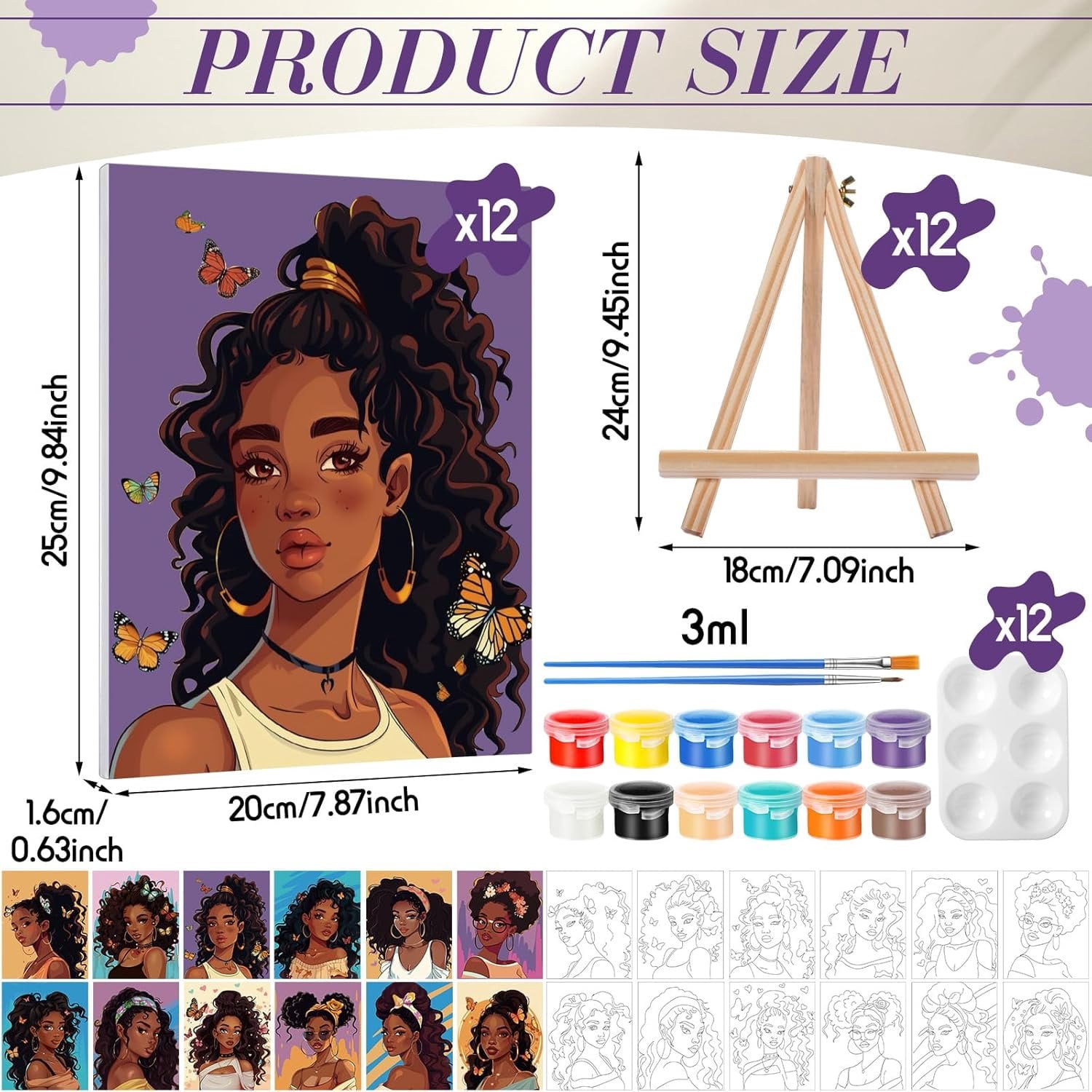 72 count 12 Sets Sip and  Kit Pre Drawn Canvas for Painting 8" x 10"  Party Canvas Painting Pre Printed Canvases for Party Favor DIY  Adult's Date Night(Charming Women)