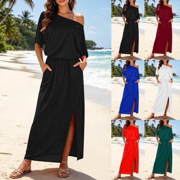 THDHVS Long Dresses for Women,Solid Color One Shoulder Dress with Cross Waist Elastic Hem Split Hem Pocket Design Casual Beach Summer Outfit,Summer Dress Wine M