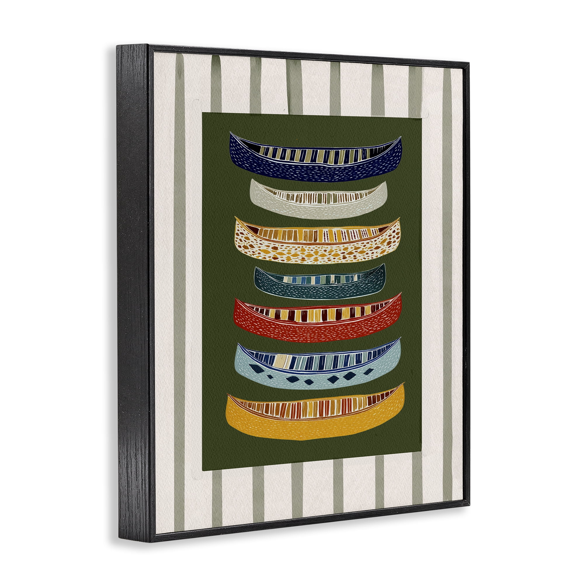 Stupell Industries Patterned Canoes over Stripes Black Framed Giclee Art, design by Yen
