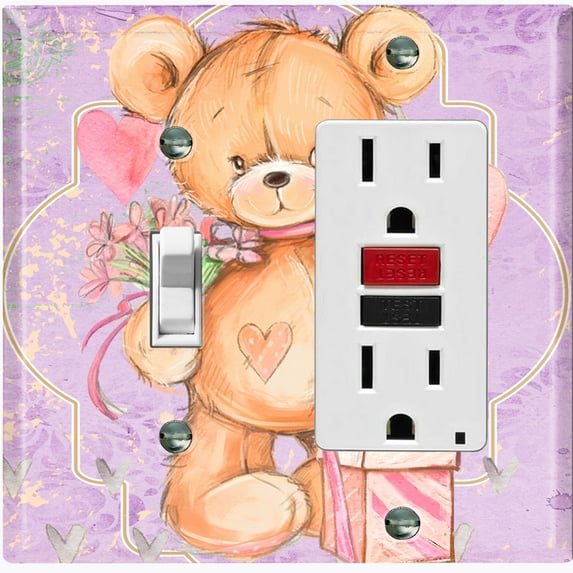 Metal Light Switch Wall Plate Outlet Cover (Teddy Bear Love Heart Flower Bouquet Balloon Present Purple - Single Toggle Single Rocker)