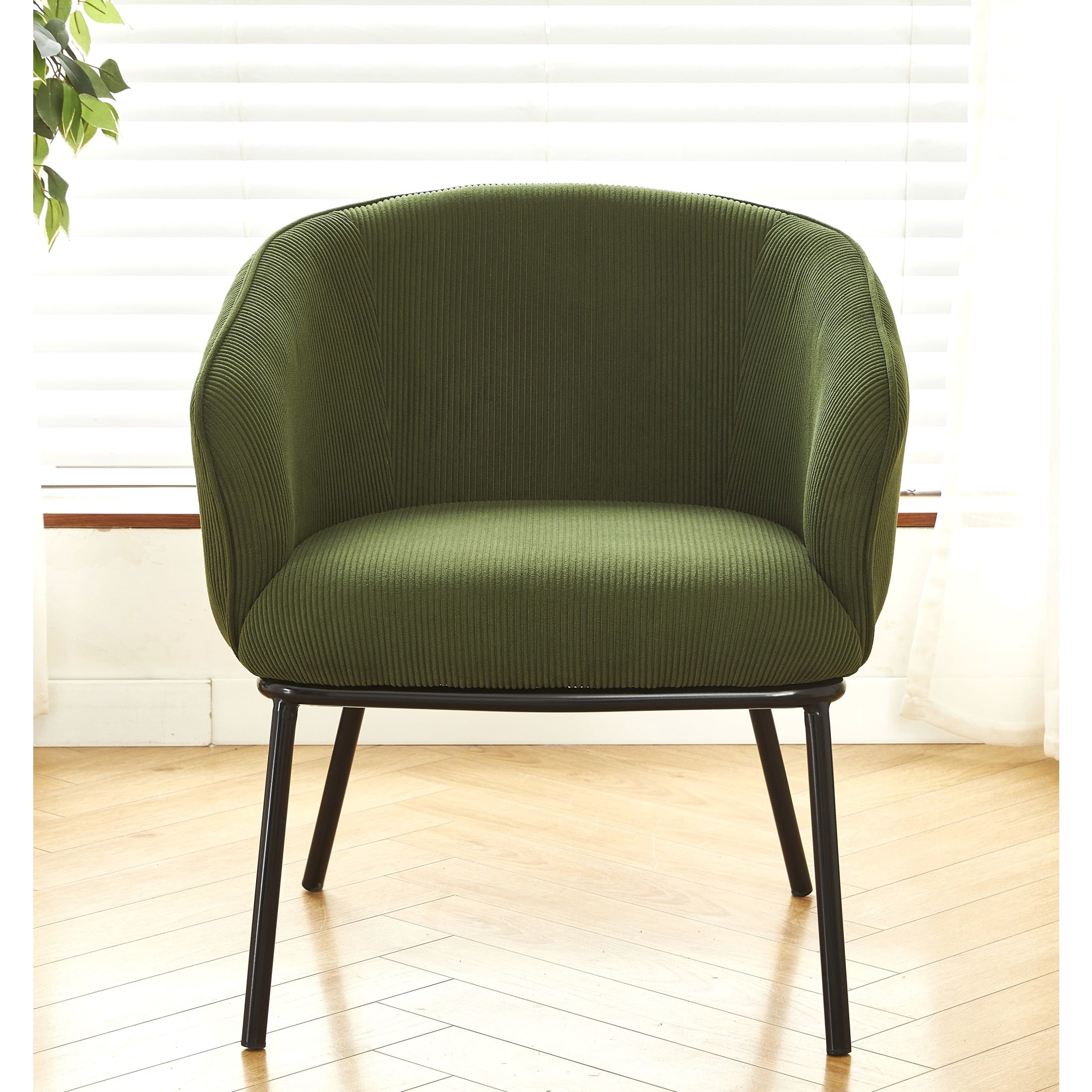 GDF Studio Mid-Century Modern Barrel Accent Chair with Corduroy Upholstery & Metal Legs, Green