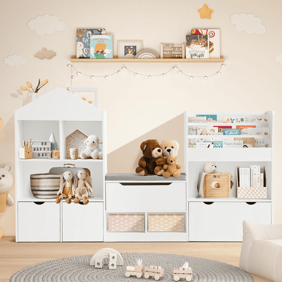 Haverchair 72" Kids Bookshelf with Reading Nook, Large Toy Storage Organizer with Seat Cushion and 4 Movable Drawer, Kid Reading Nook Bookcase with 7 Storage Cubbies, Storage Bench for Playroom