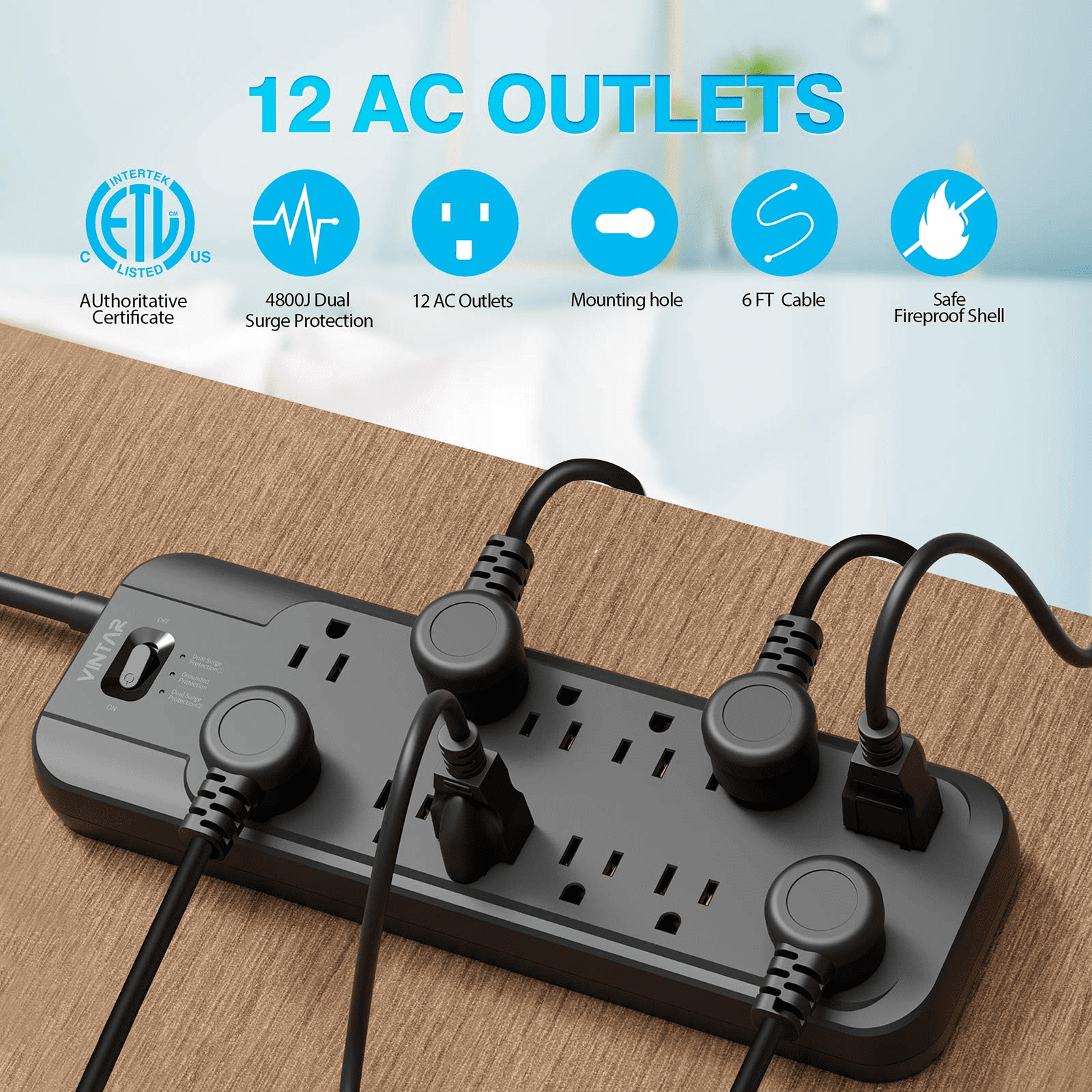 VINTAR 12 Outlets Power Strip Surge Protector with Dual Surge Protection, 6ft Long Extension Cord, 2 × 4800 Joules, 1875W, Black