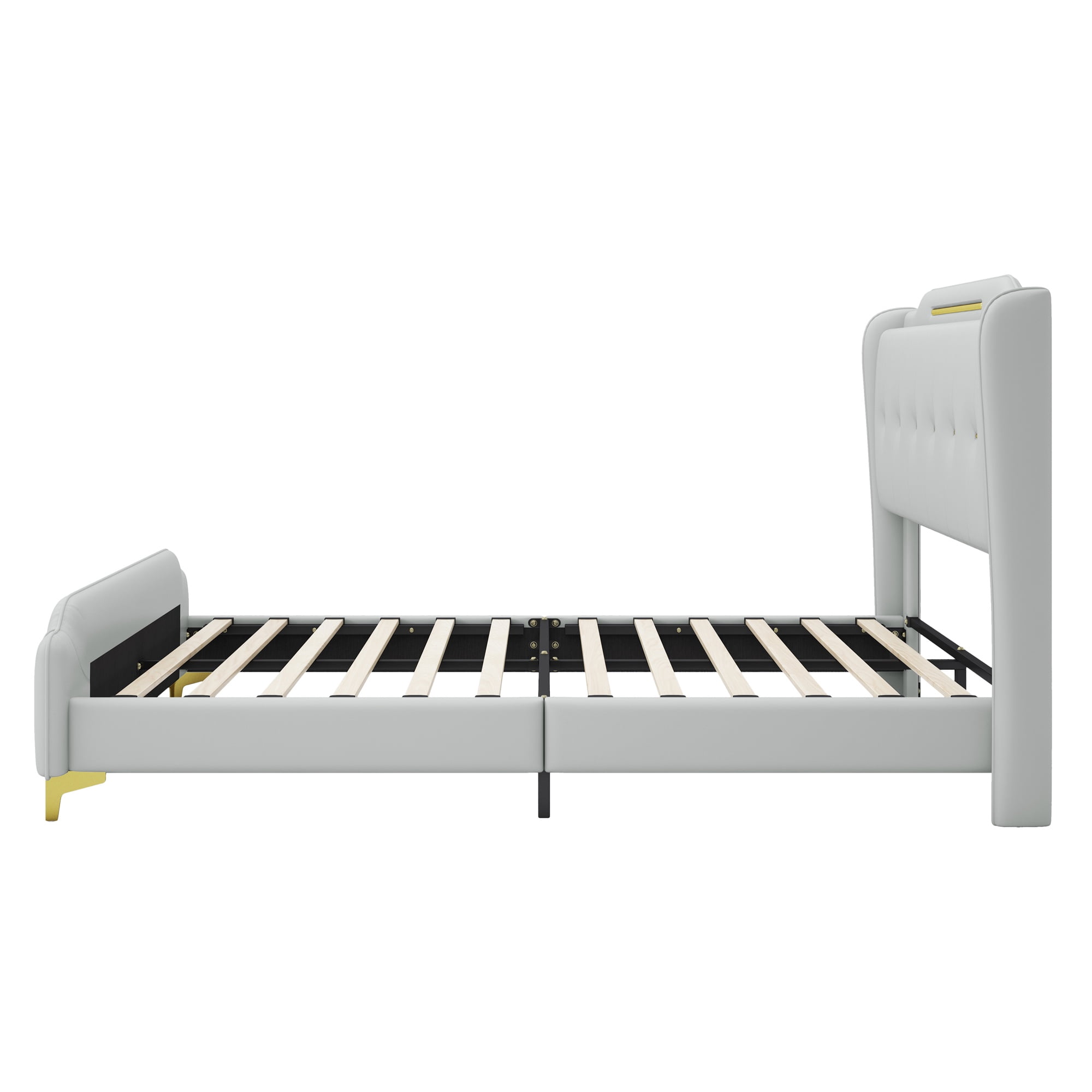 PORKISS Queen Size Bed Frame with PU Leather Upholstered Headboard, No Box Spring Needed, Grey