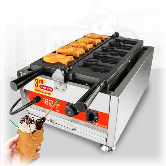 ALD Red Taiyaki Machine Commercial | 5 Open-Mouth Fish Shaped Waffles | Stainless Steel Taiyaki Maker | 110V