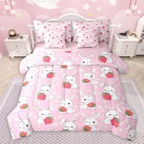 jejeloiu Kawaii White Rabbit 7-Piece Twin Bedding Sets,Res Sweet Strawberry Bedding Comforter Set,Cute Flowers Blossom Sheet Sets For Girls,Ultra Soft Home Decor Reversible