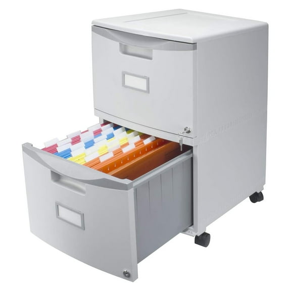 Plastic Two-Drawer File Cabinet – Locking Document Organizer with Casters for Home and Office, Gray, 1-Pack (61310B01C)