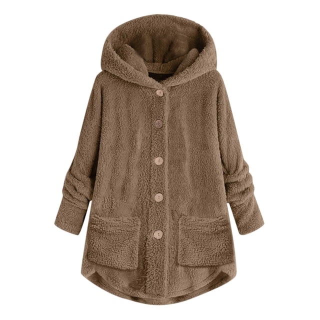 KIHOUT Spring Winter Warm Coat Women Plus Size Button Plush Tops Hooded Loose Cardigan Wool Coat Winter Jacket,Size S-5XL