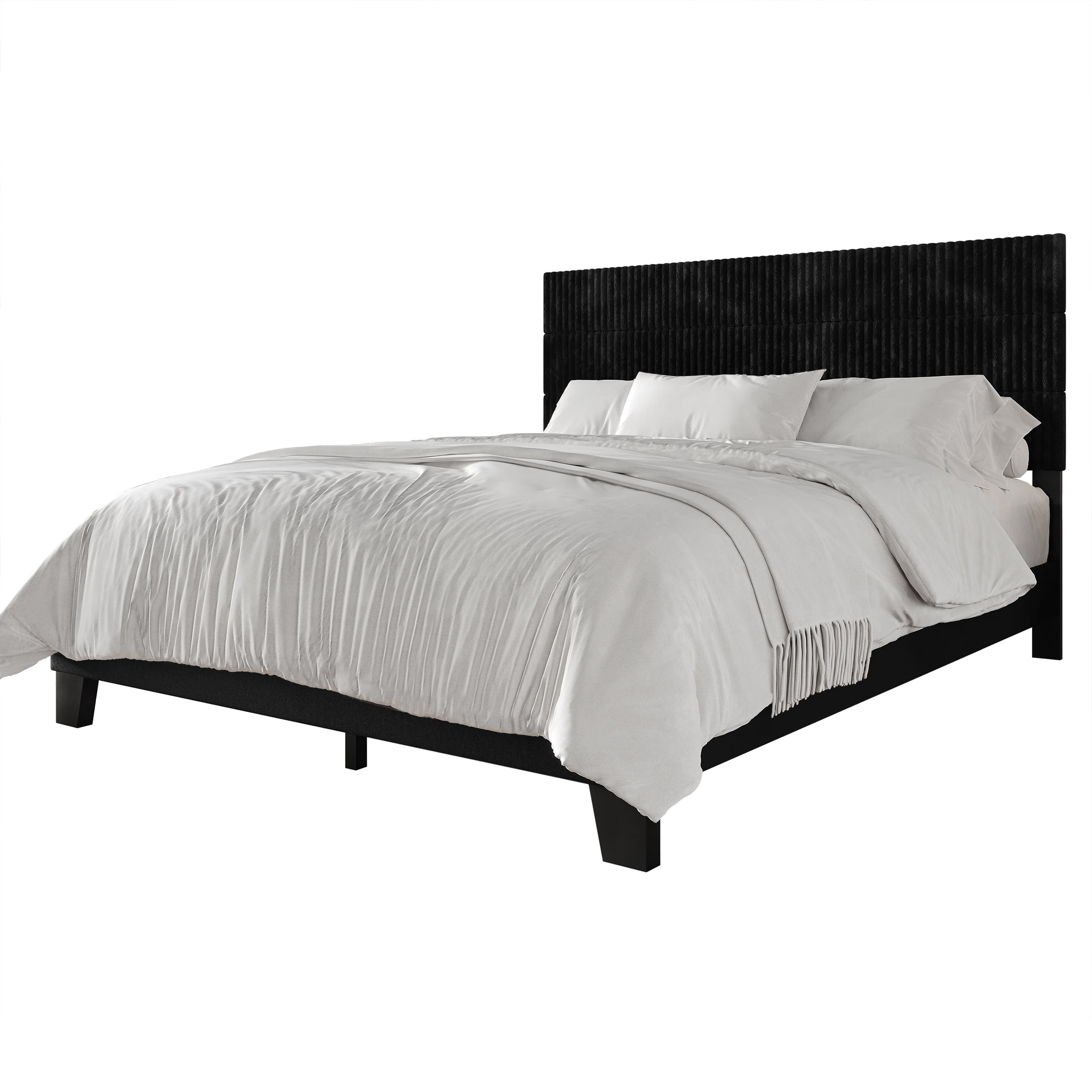 Castle Place Contemporary Corduroy Pleated Velvet Upholstered Queen Platform Bed, Black