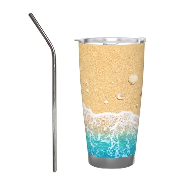 20oz Beach Ocean Tumbler with Handle and Straw Stainless Steel Insulated Travel Coffee Cup Summer Vacation Gift with Stainless Steel Straw