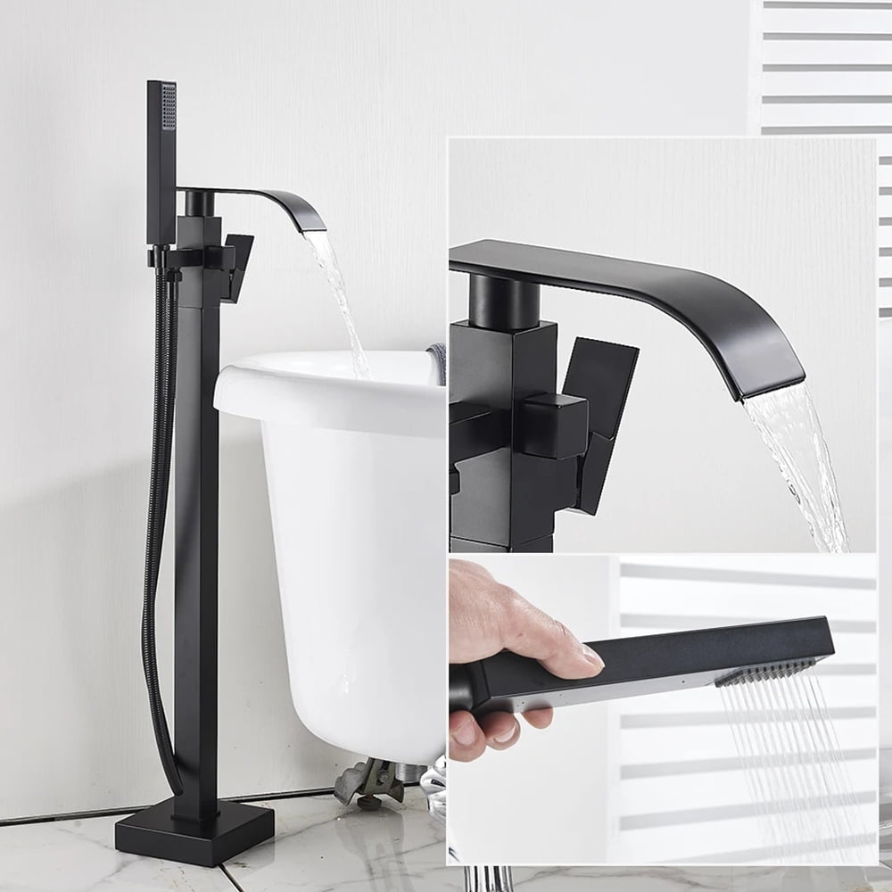Matte Black Floor Mounted Bathtub Faucet Free Standing Tub Filler W/Hand Sprayer