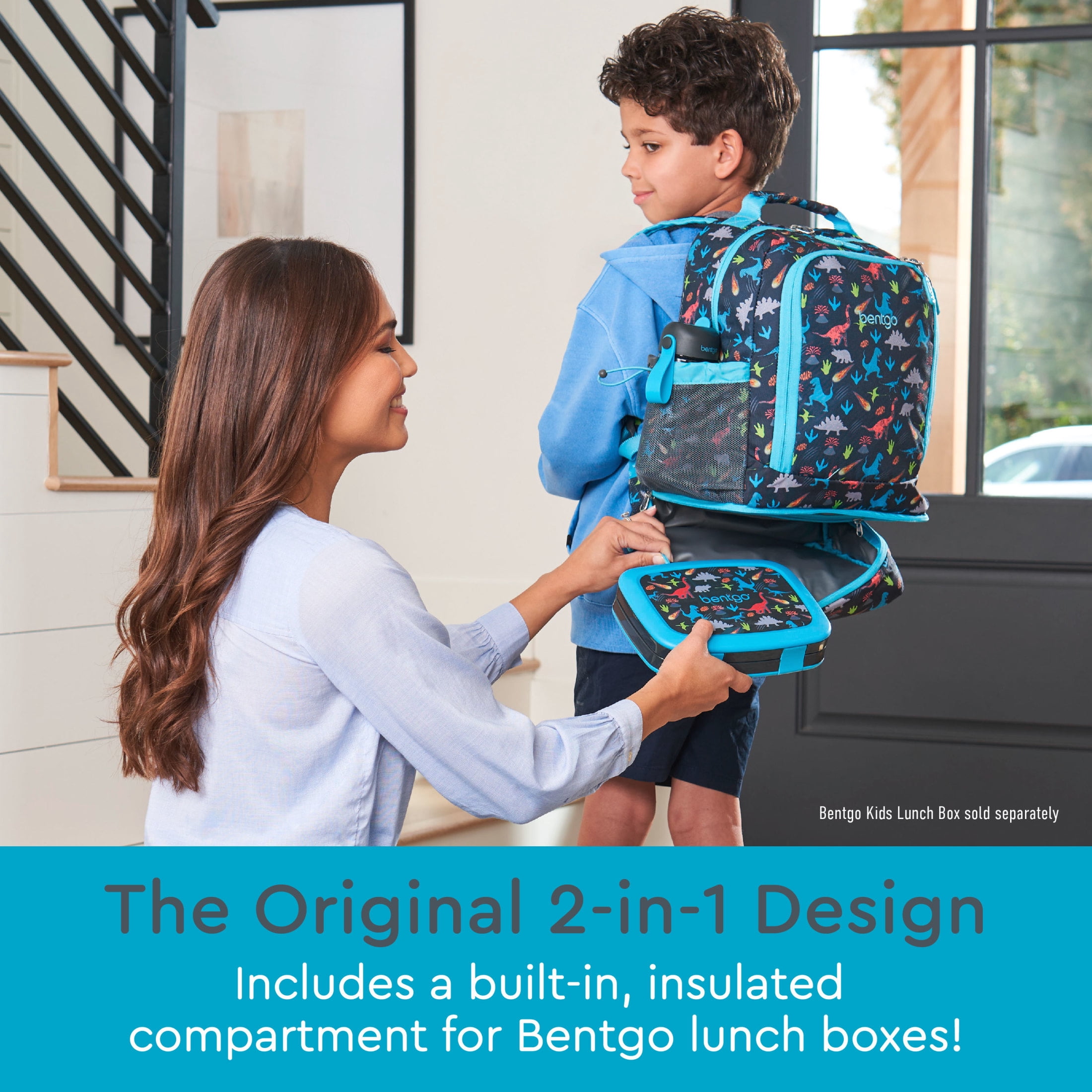 Bentgo Kids 2-in-1 Backpack & Insulated Lunch Bag - Durable 16” Backpack & Lunch Container in Unique Prints for School & Travel - Water Resistant, Padded & Large Compartments (Dinosaur)