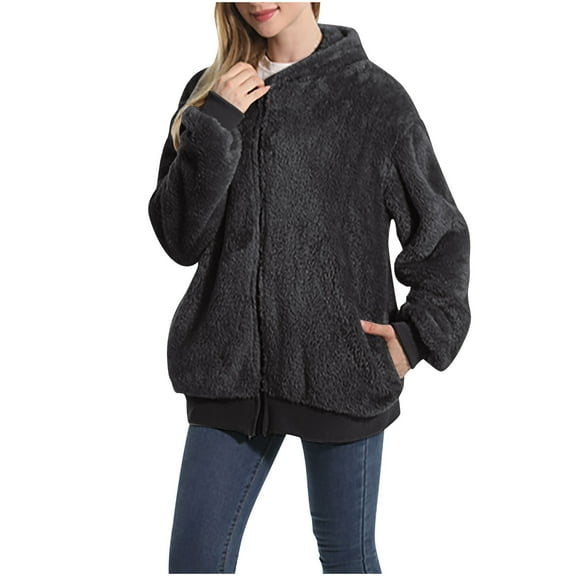 Elainilye Fashion Womens Coat Zippered Cardigan Hooded Sweater Coat Long Sleeved Hooded Casual Coat Fleece Jacket,Gray