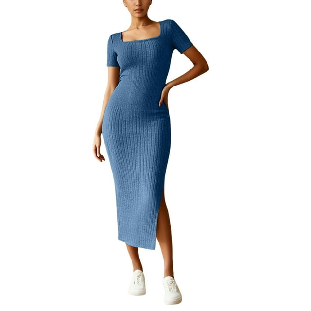 Vestido informal de cuello cuadrado para mujer: color liso, tejido de poliéster, versátil para combinar con otras prendas, primavera/verano/otoño, se recomienda lavar a mano.