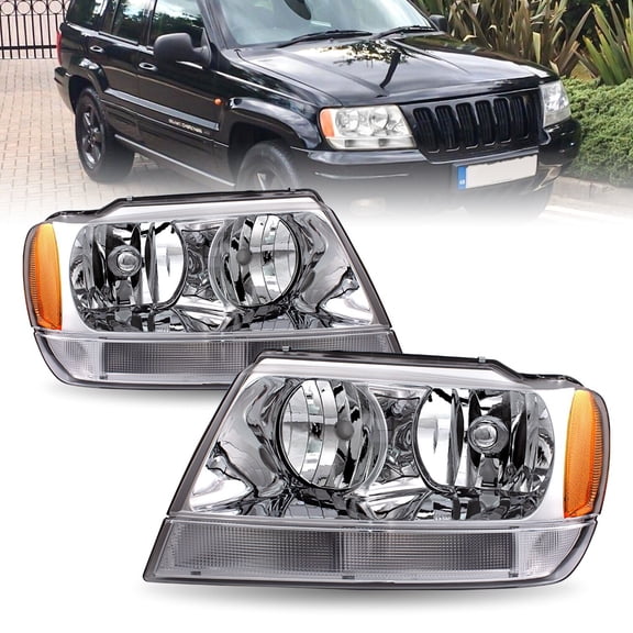 For 1999-2004 Jeep Grand Cherokee Chrome Headlights Amber Corner Headlamps Pair