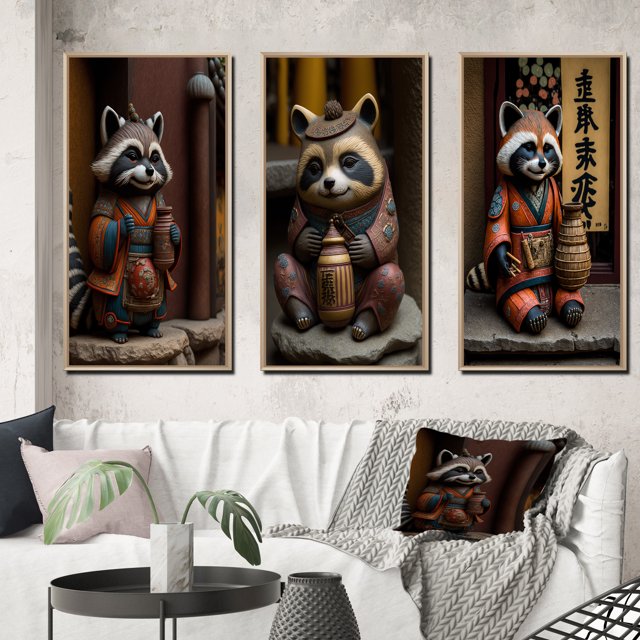Designart "Happy Tanuki in Terracotta Tone I" Animals Raccoon Framed Wall Art Set Of 3 - Brown Raccoon Frame Gallery Set For Office Decor