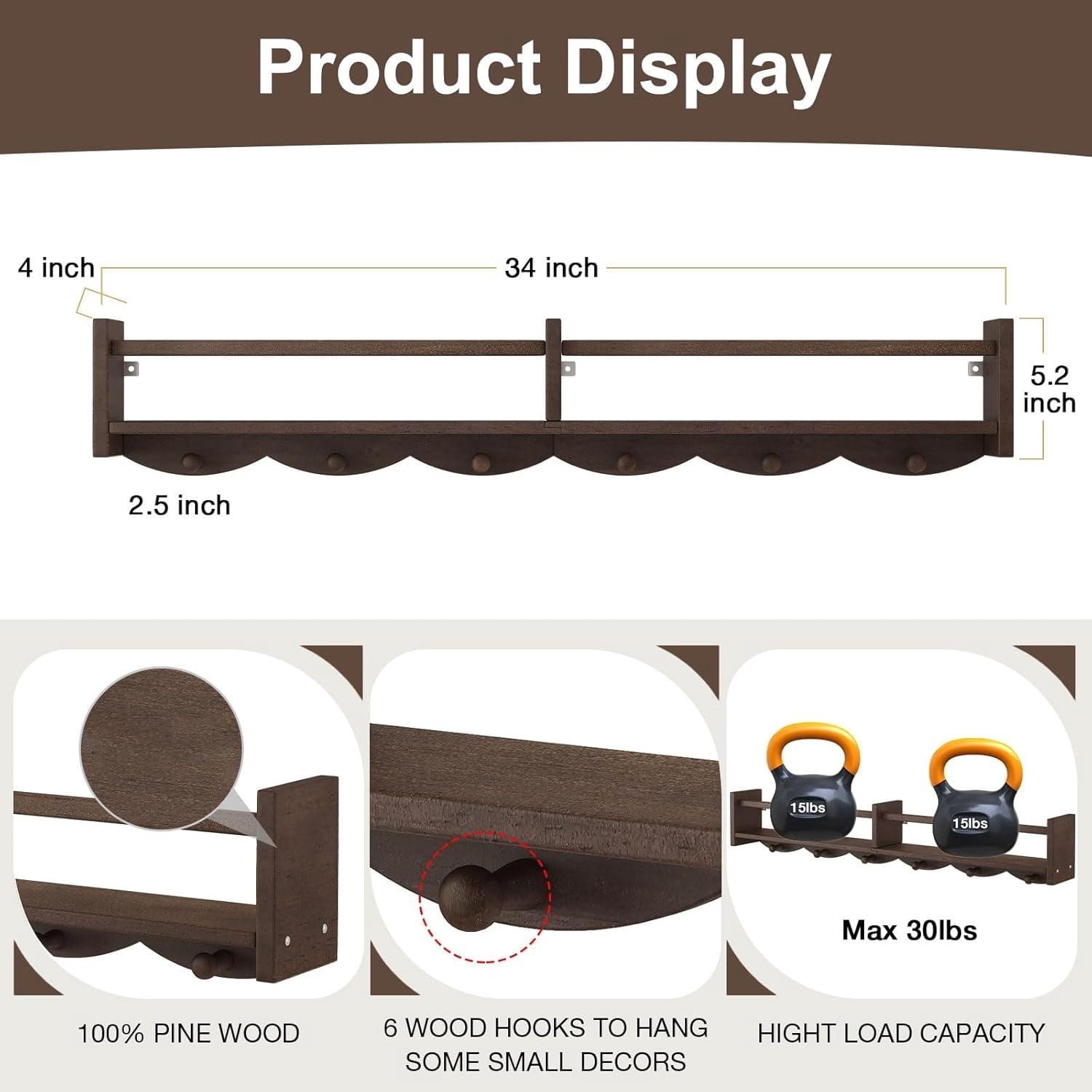 34Inch   Bookshelves,Set of 4,Wall Floating Shelf Kids Coat Rack with 6Hooks,Hanging Book Shelf for  Room Décor (Dark Brown, 34)