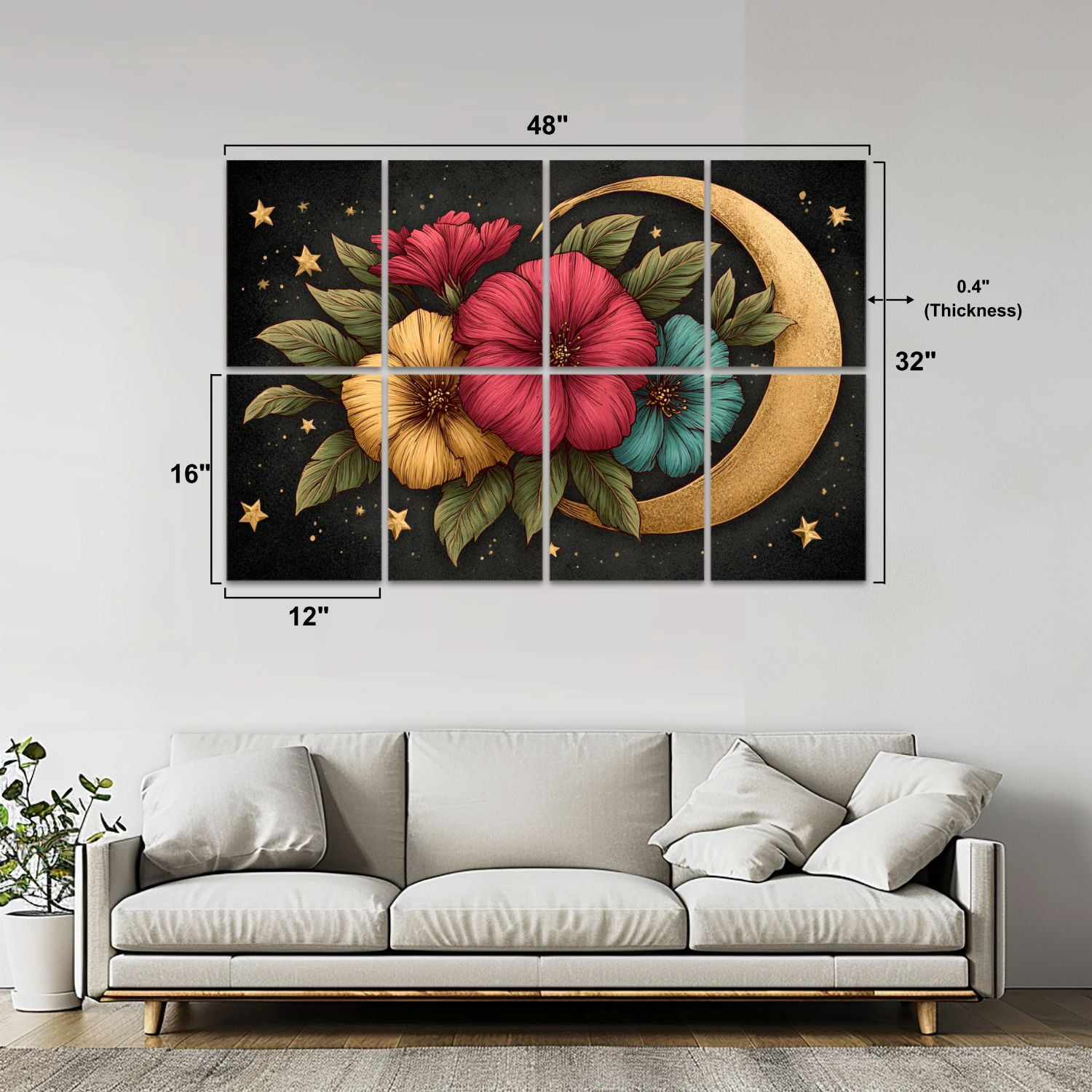 8 Pack Art Acoustic Panels Sound Absorbing Vintage Dark Moon Botanical Night Forest 3D Texture Hand Drawn Decorative Soundproof Wall Panels Self Adhesive for Studio Home Office 48"x32"