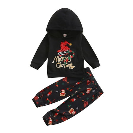 

Yinyinxull Infant Baby Boy Girl Christmas Clothes Letter Long Sleeve Hooded Sweatshirt+Pants Autumn Outfits Black 6-9 Months