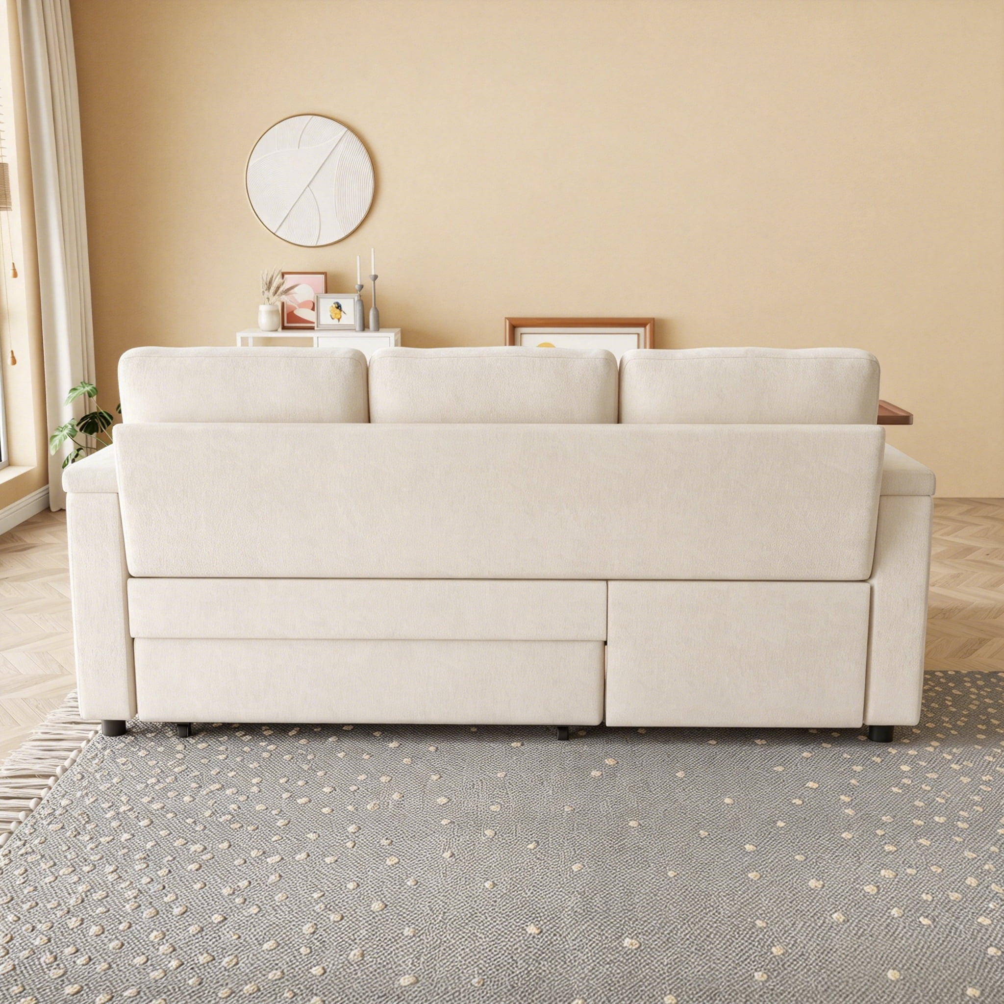 ShiKeyi 83" 3-in-1 Convertible Sofa Bed, Chenille 3 Seater Couch with Adjustable Backrest, USB Ports, Storage Armrests & Fold-Down Table, Off White