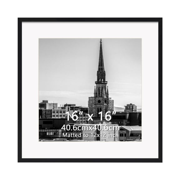 16x16 Black Picture Frame, Display 12x12 with Mat or 16x16 Without Mat Pictures for Wall Hanging and Table, Single