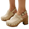 thumbnail image 2 of FSJ Women Slingback Clogs Wooden Block Heel Closed Round Toe Platform Studded Mules Buckle Strap Vintage Dress Slide Sandals Size 8 Beige, 2 of 4