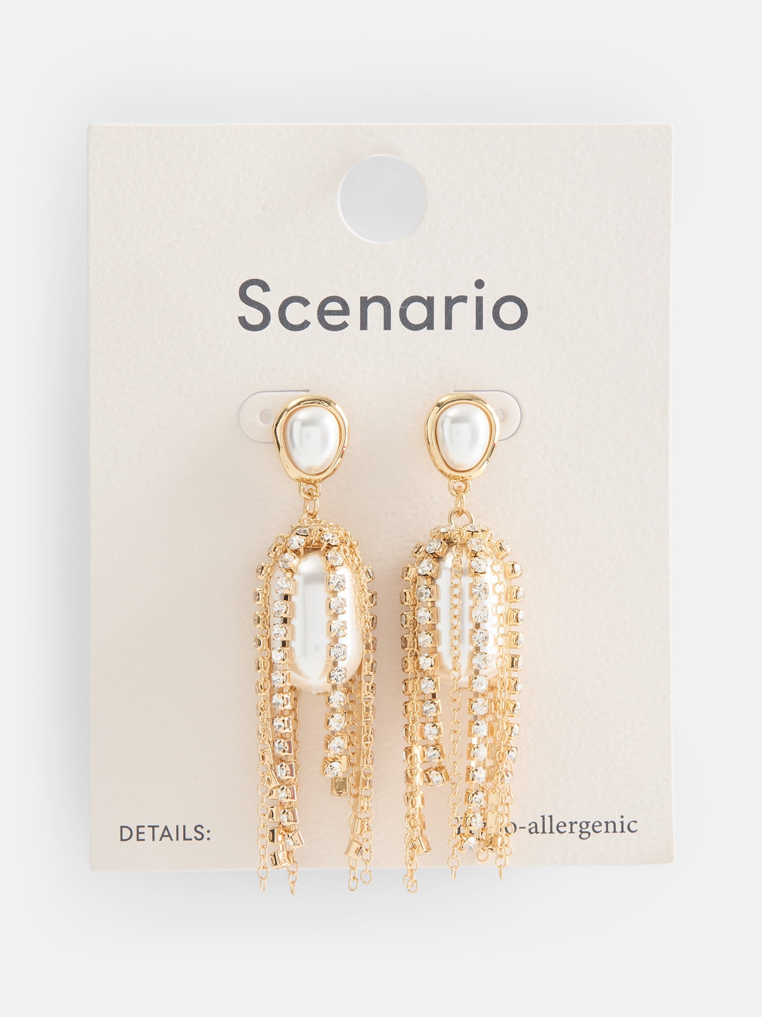 Scenario Women's Gold-Tone Faux Pearl Stone Rhinestone Chain Drop Earrings